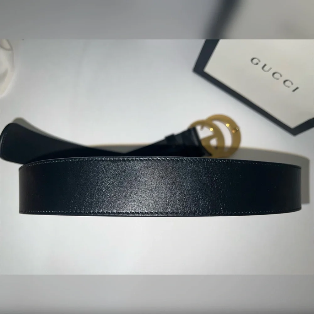 Gucci Black Leather Belt with Gold Double G Buckle